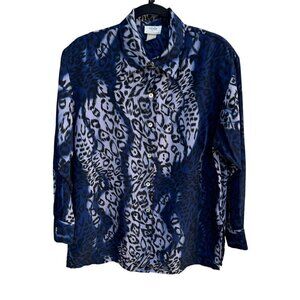 Style Exchange Vintage 90s Womens Blue Black Leopard Print Button-Down Blouse M